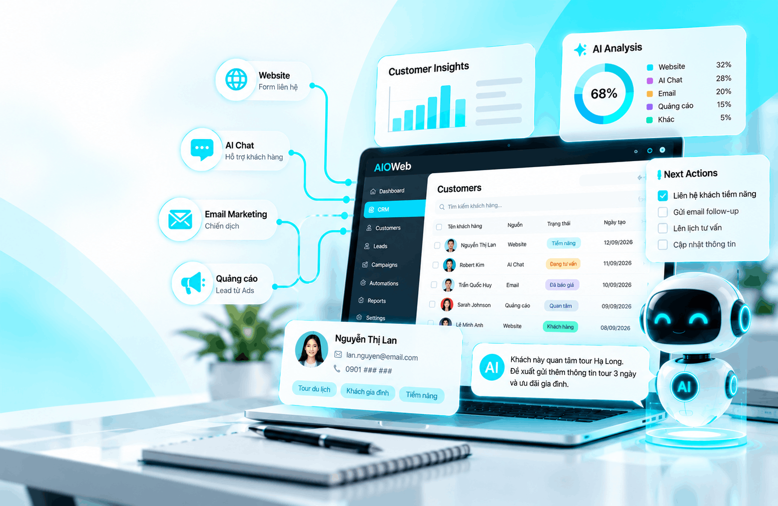 Hình ảnh minh họa hệ thống AIOCMS tích hợp AI CRM và Customer Intelligence, hiển thị giao diện quản lý khách hàng, phân tích dữ liệu và tương tác AI trên laptop.