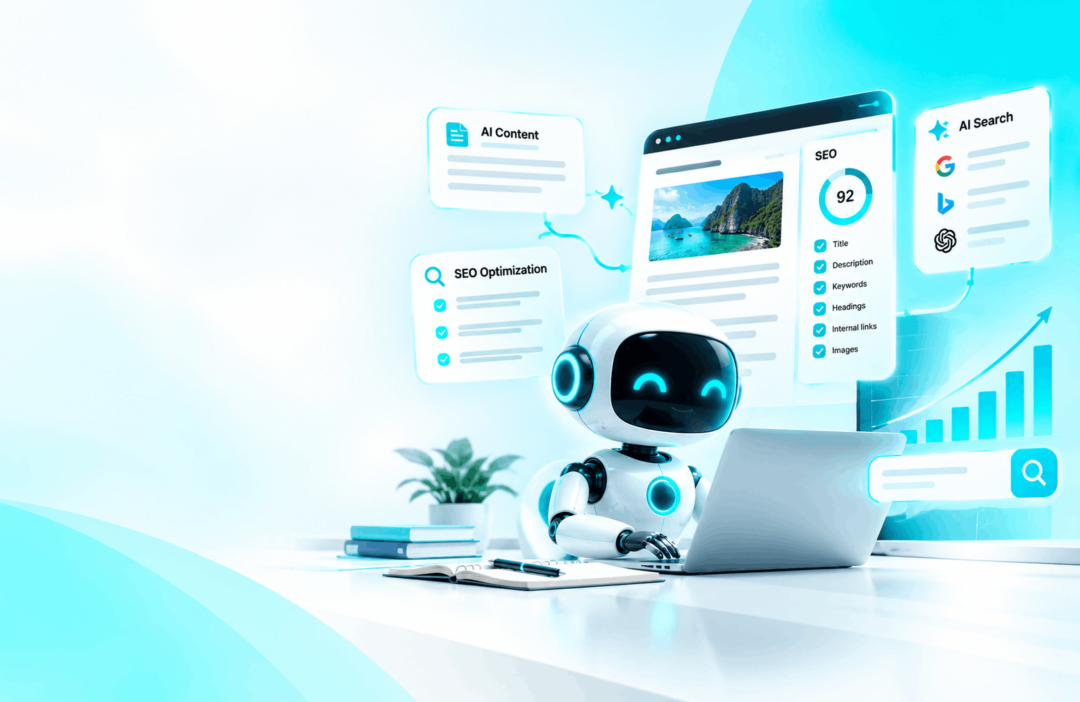 Robot AI đang làm việc trên máy tính xách tay, hiển thị các quy trình tối ưu hóa SEO, tạo nội dung AI và tìm kiếm AI trên các màn hình kỹ thuật số nổi.